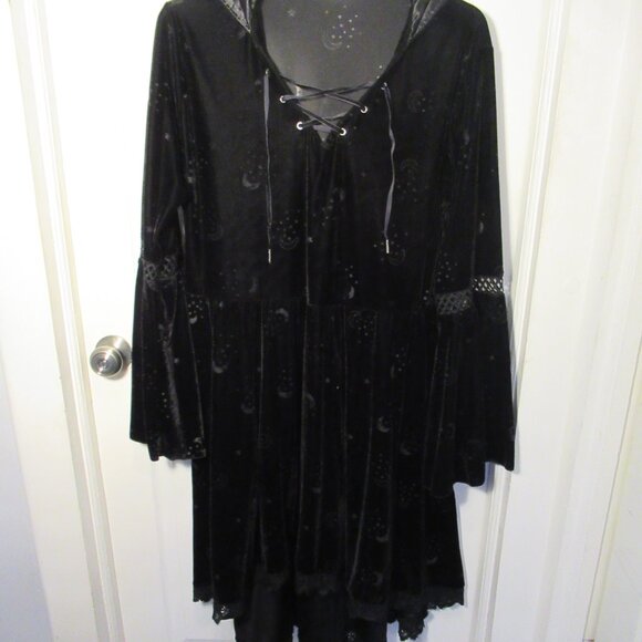 Plus Size 2X Coven Black Velvet Hooded Dress Spirit Stars Moon Celestial Witch - Picture 3 of 14